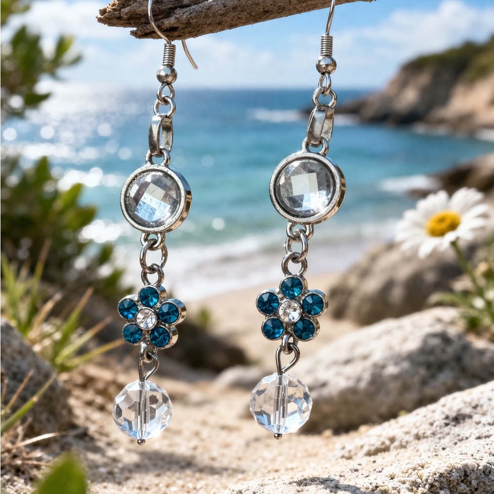 Silver-tone Blue Crystal Flower Drop Earrings